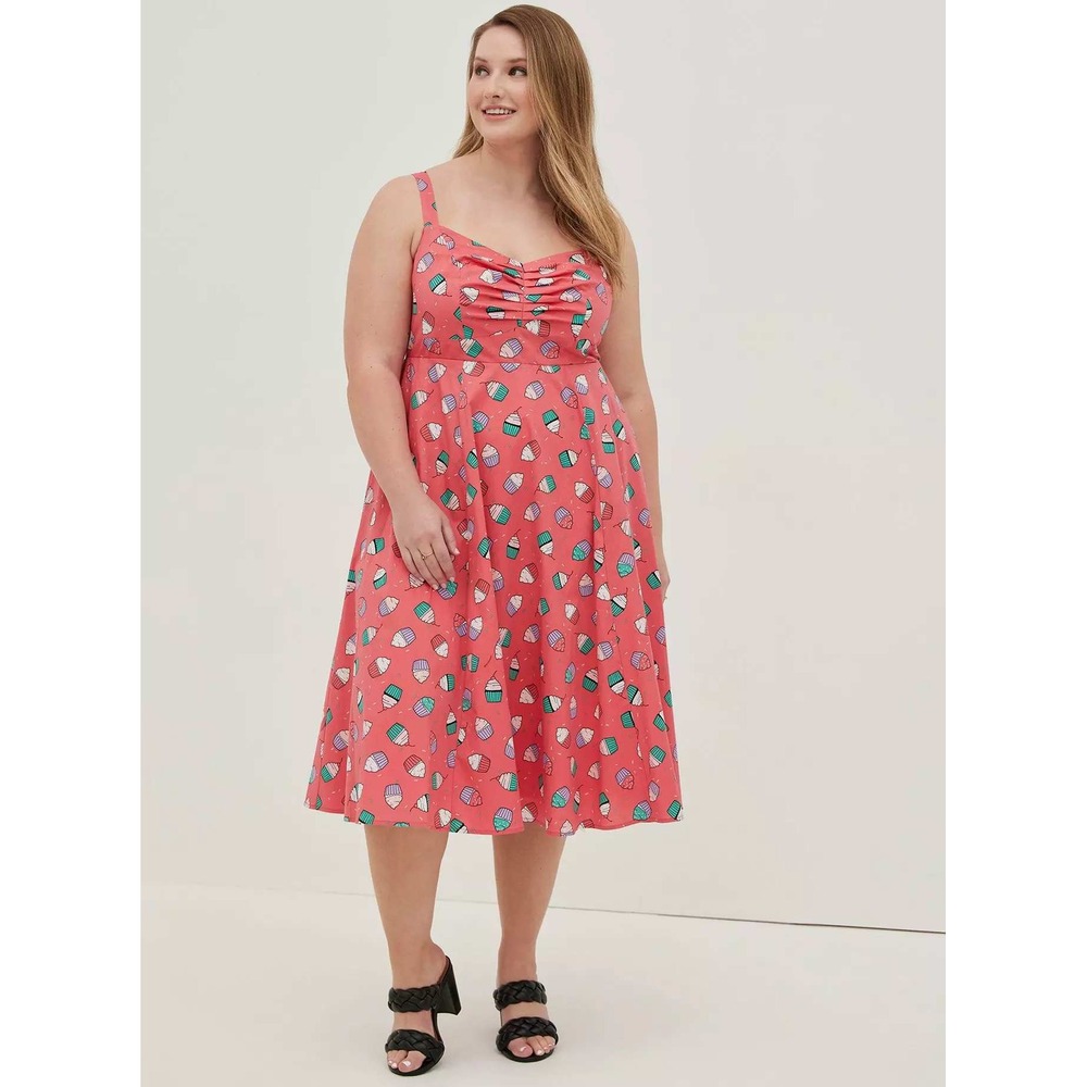 Torrid Coral Cupcake Print Sweetheart Midi Dress Poplin Fit Flare NEW 00 10
